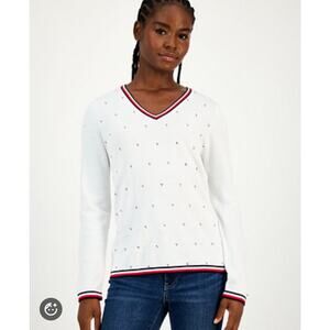 New Tommy Hilfiger Cotton Hotfix Cluster V-Neck Sweater M